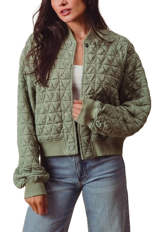 Triangle Quilted Stitch Knit Bomber Jacket: LT OLIVE