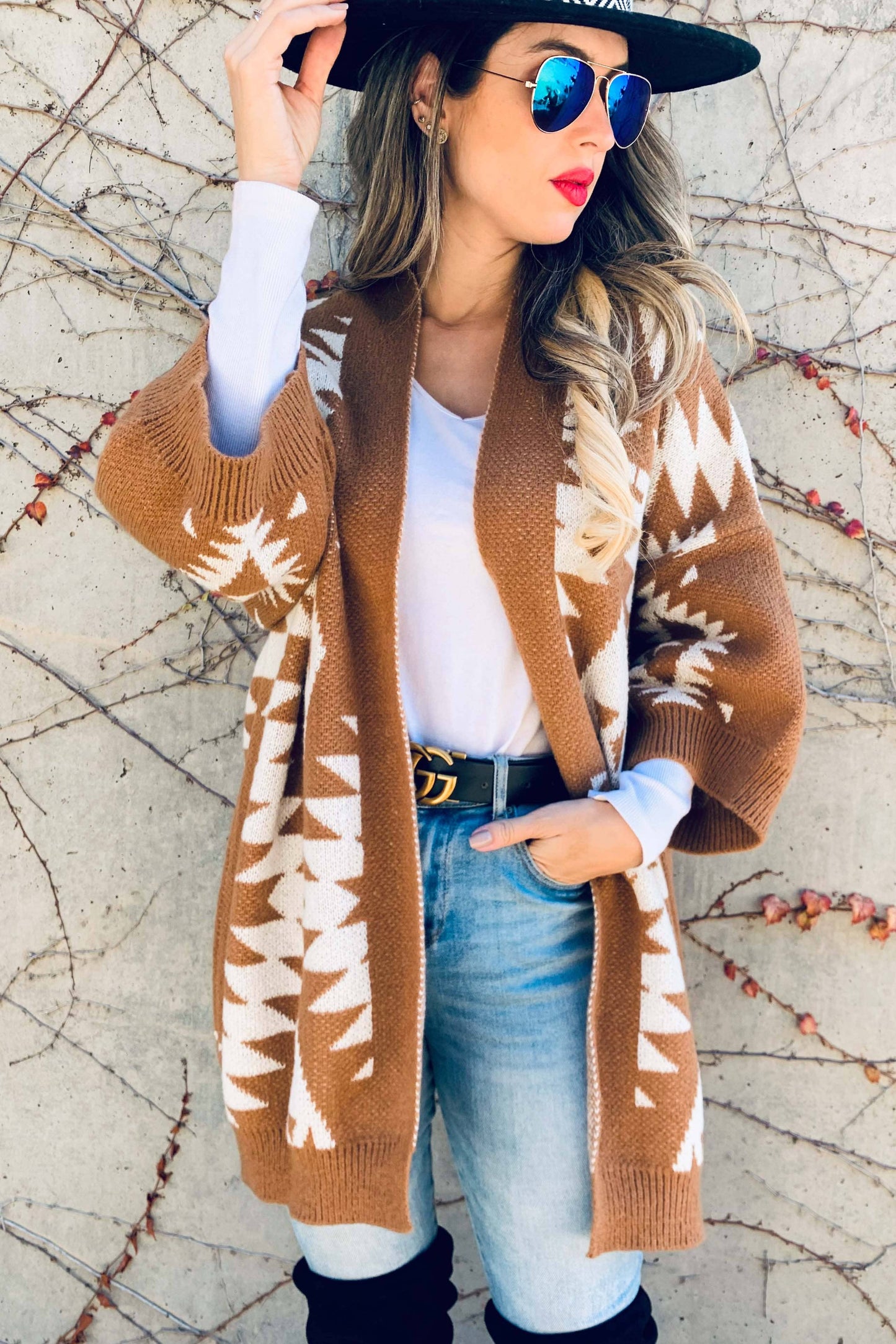 Caramel Open Front Aztec Printed Knitted Cardigan: Caramel / One Size