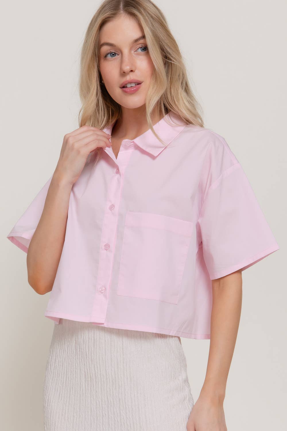 Short Sleeve Button Down Poplin Boxy Woven Shirt: BLU-blue / L