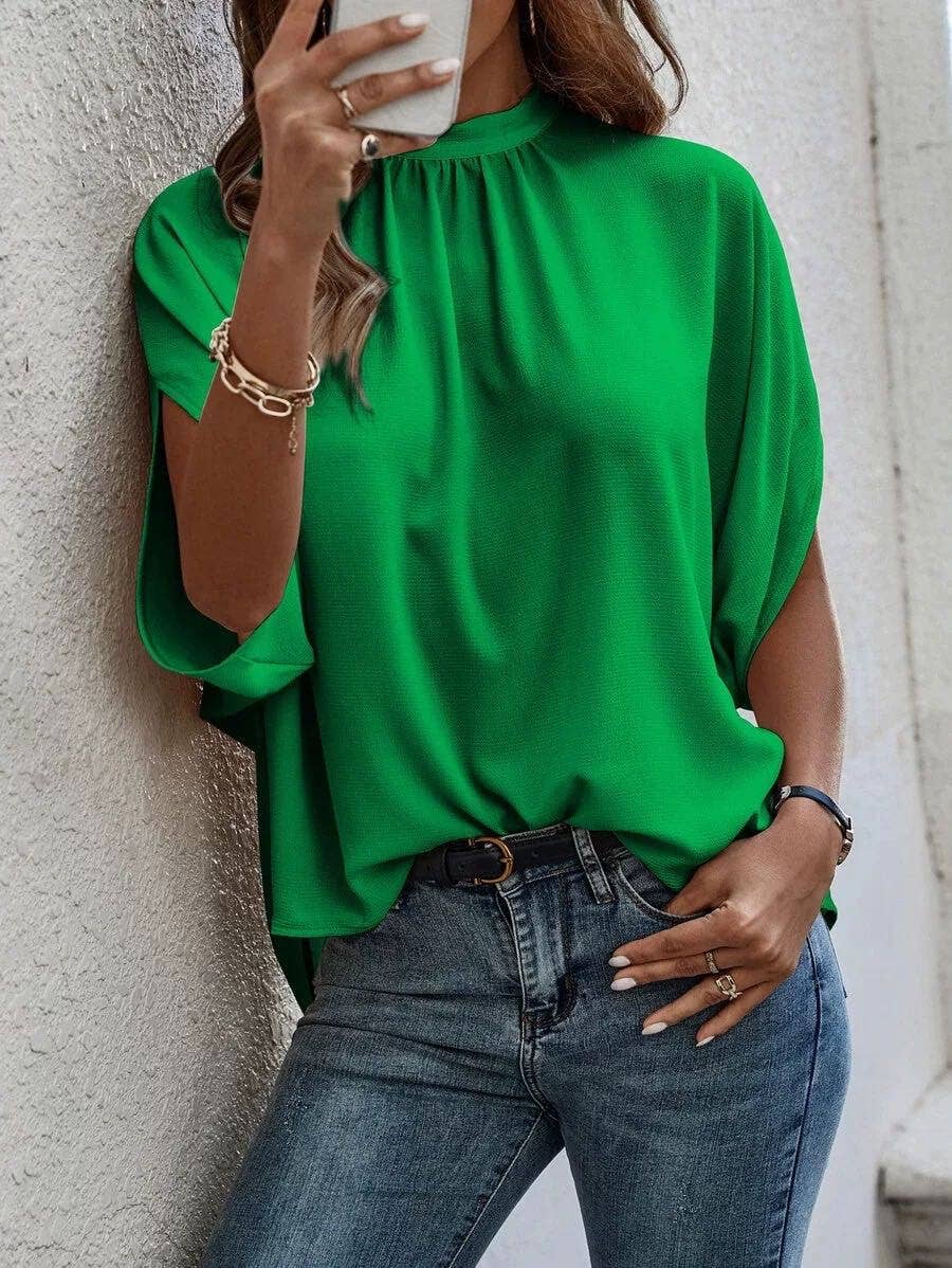 Mock collar winged blouse: Green / M