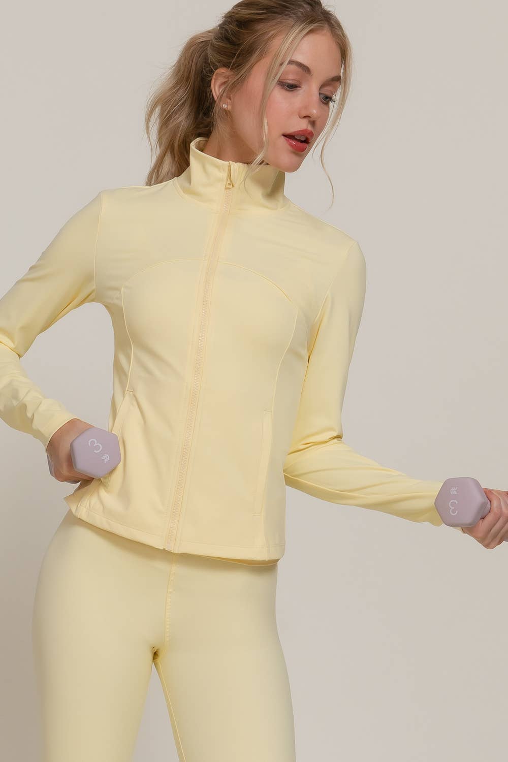 Long Sleeve Mock Neck Seam Detail Workout Jacket: GRN-jade green / M
