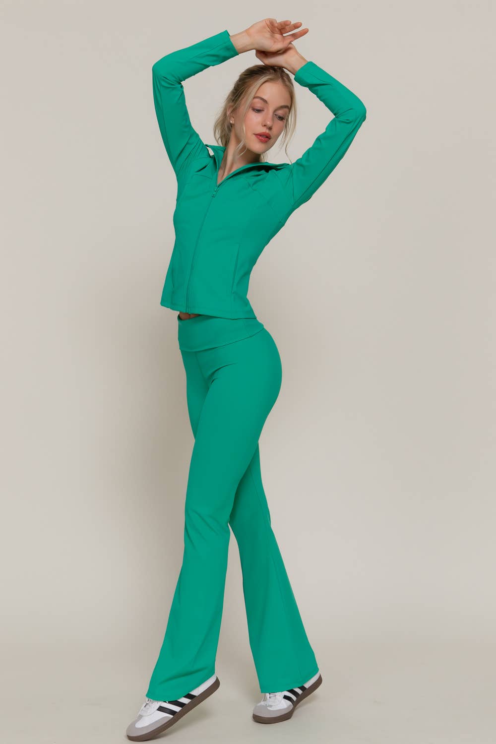 Long Sleeve Mock Neck Seam Detail Workout Jacket: GRN-jade green / S