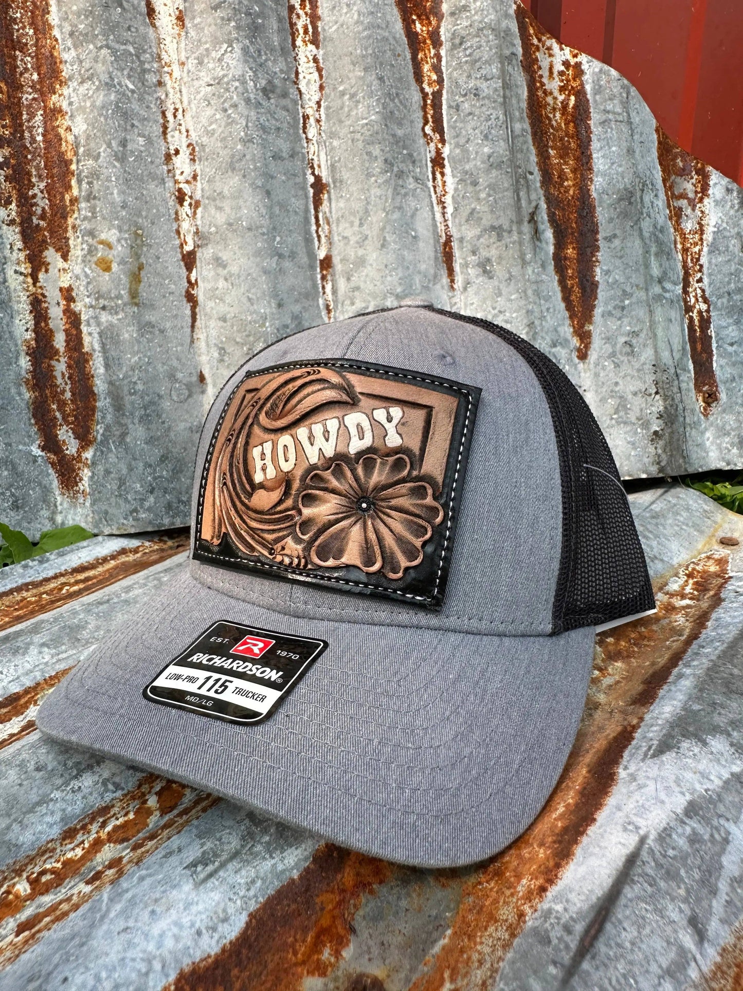 Howdy Floral Tooled Leather Patch Cap Western Cowgirl Rodeo: Light Grey/Black