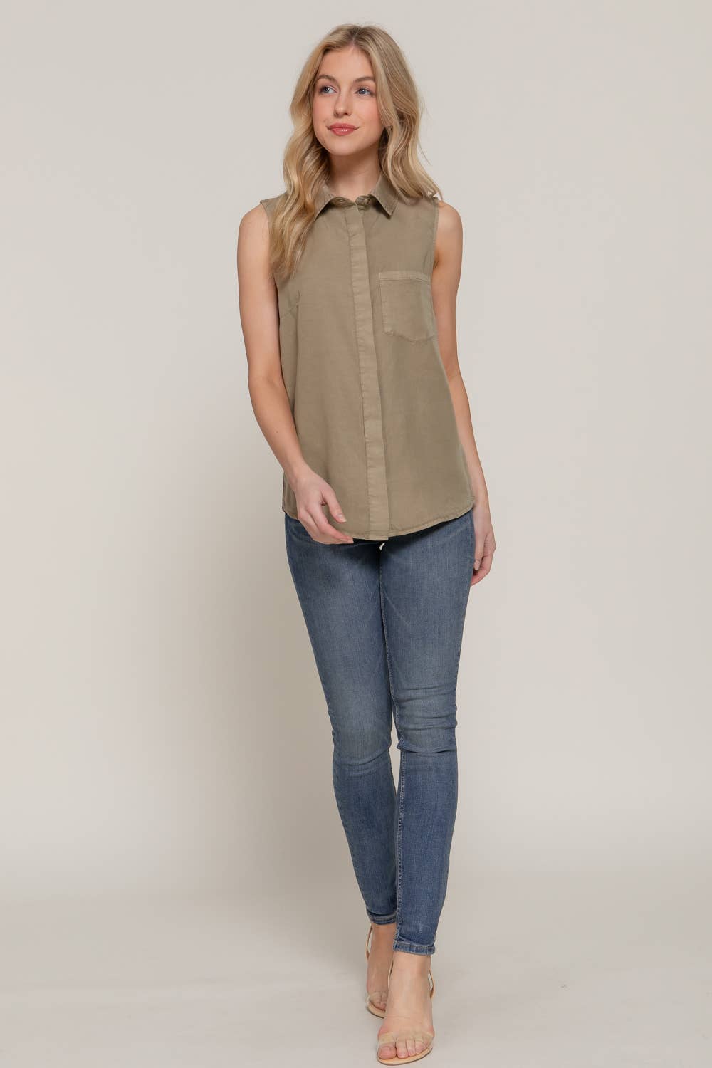 Sleeveless With Pocket Tencel Shirt: IVY-BEIGE / S