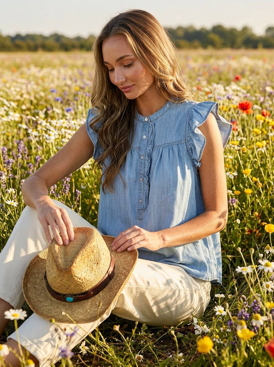 Ruffle Accent Short Sleeve Chambray Denim Top VT83223: Light Denim / L