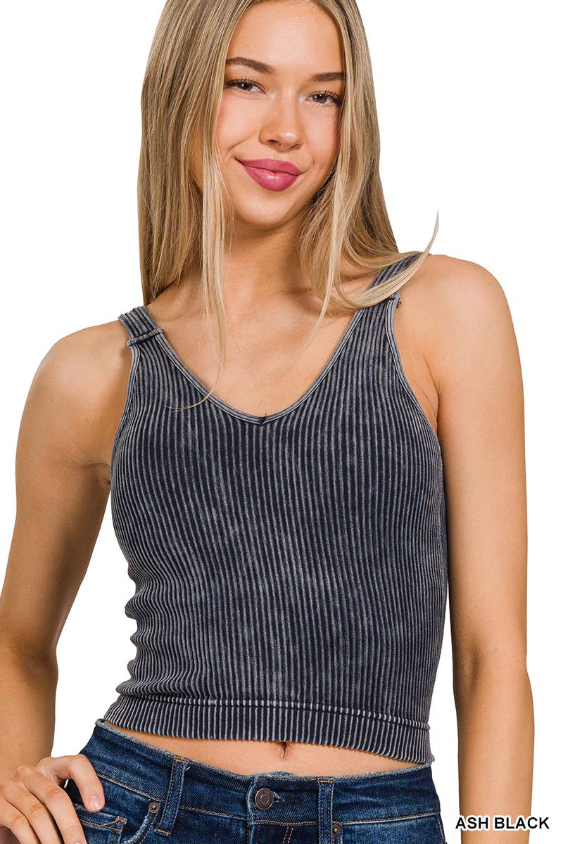 Washed Ribbed Cropped Bra Padded V-neck Tank Top: K GREEN / 3-3 (S/M-L/XL)