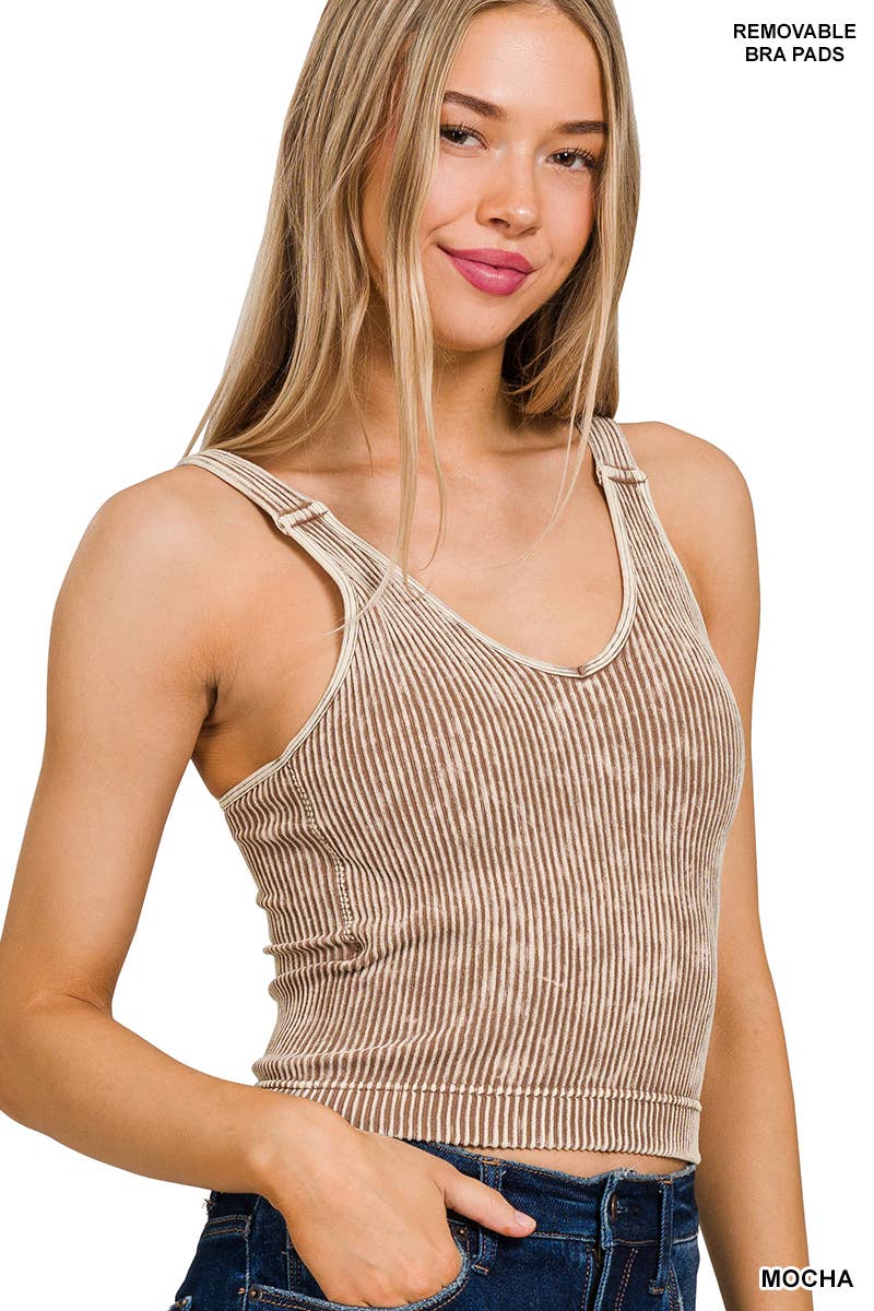 Washed Ribbed Cropped Bra Padded V-neck Tank Top: K GREEN / 3-3 (S/M-L/XL)