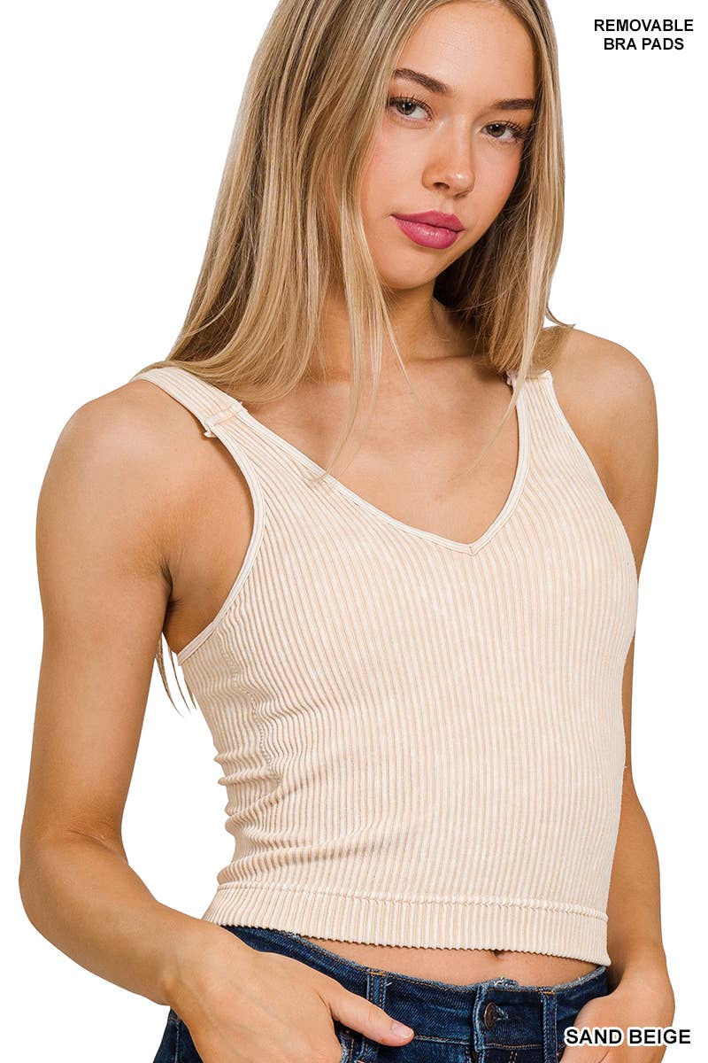 Washed Ribbed Cropped Bra Padded V-neck Tank Top: N CORAL FUCHSIA / 3-3 (S/M-L/XL)