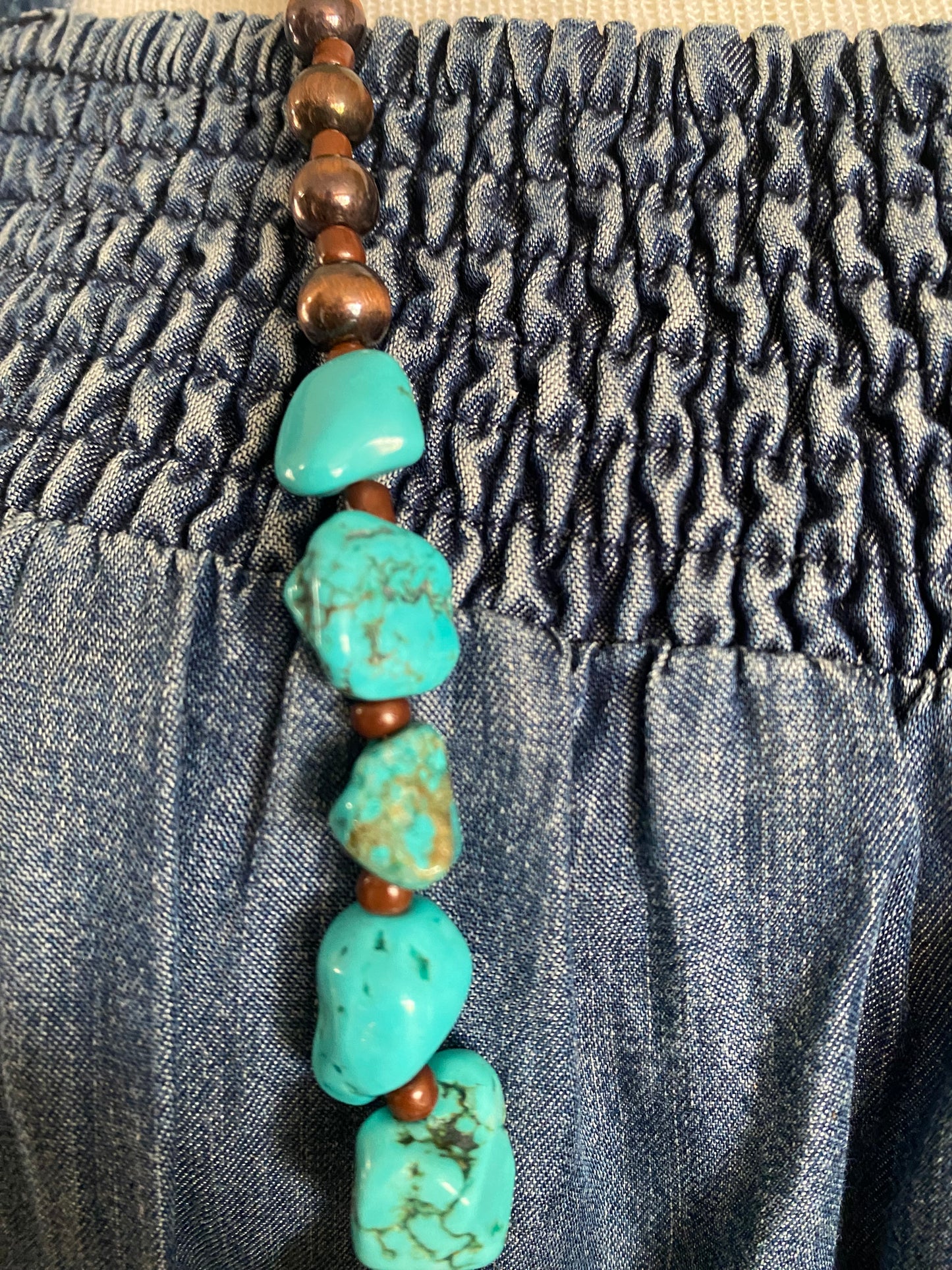 Long Turquoise Rock, Bronze, & Brown beaded Necklace