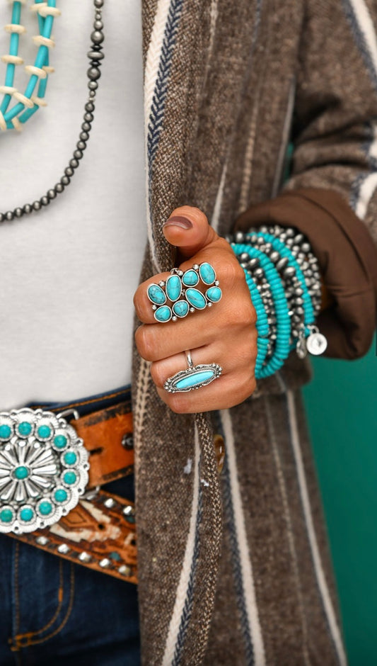 Rectangular Silver Ring with clusters of Turquoise