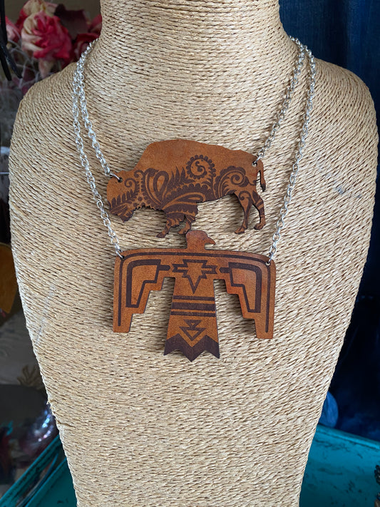 Leather Thunderbird & Buffalo Necklaces