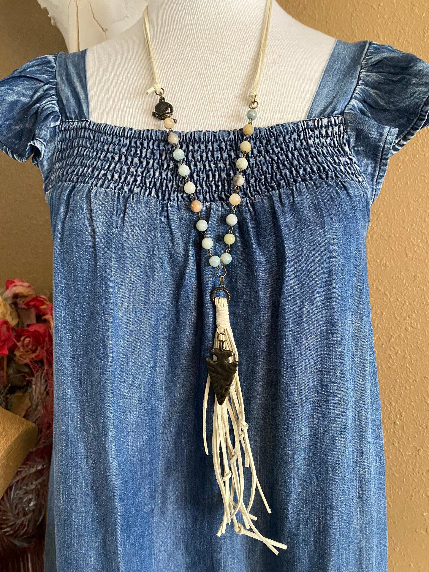 Cream Suede String/ Pastel Beads/Arrowhead Necklace