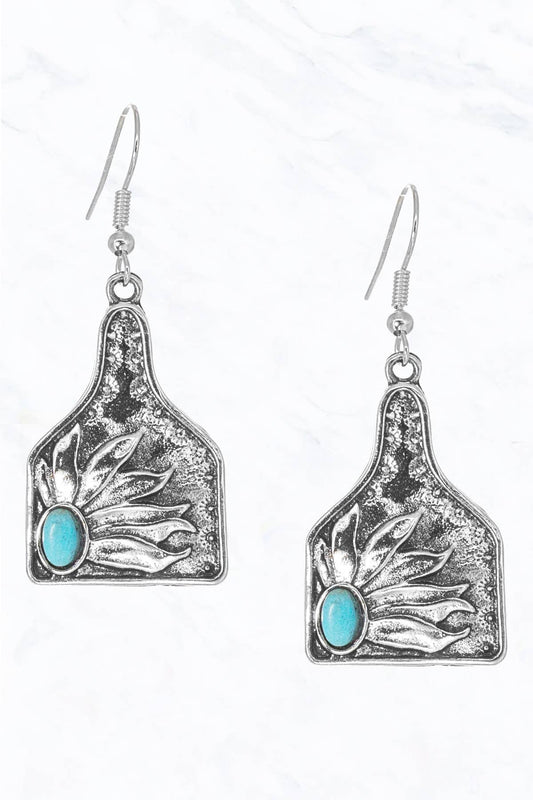 Turquoise Stone Flower Pattern Metal Cow Tag Earrings