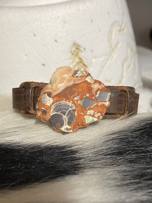 Dusty Leather Narrow Cuff with Brown Ocean Agate Slab 006z