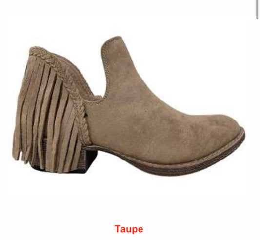 Taupe fringe suede booties