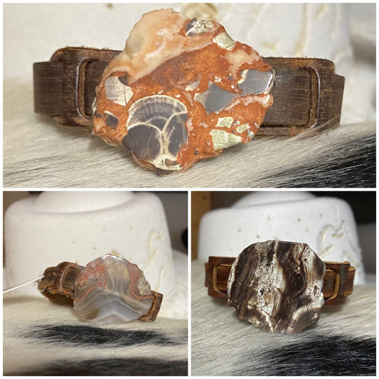 Dusty Leather Narrow Cuff with Brown Ocean Agate Slab 006z