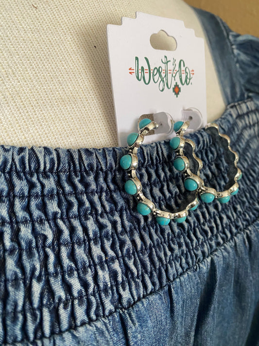 turquoise stone silver Hoops