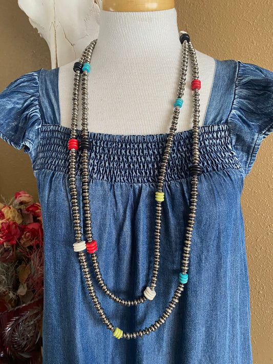 Long Silver Necklace w/ colored disks