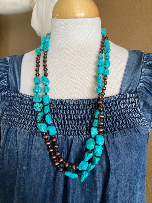 Long Turquoise Rock, Bronze, & Brown beaded Necklace