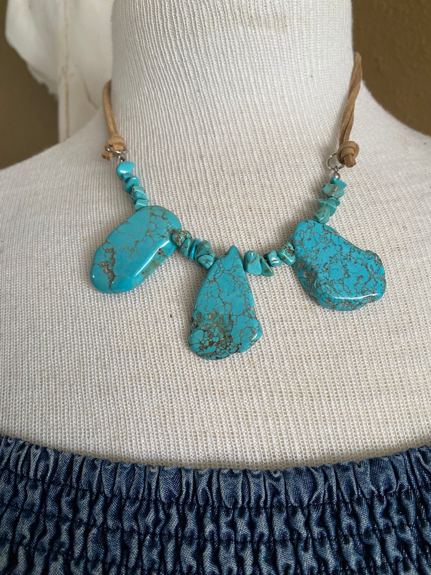 Tan Suede String/ Turquoise Slab Necklace