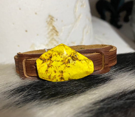 Yellow Turquoise Slab on Narrow Leather Cuff 010q