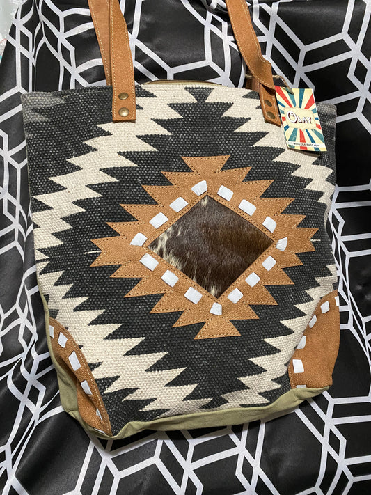 Okay Handbag Aztec/Cowhide with stitching Detail