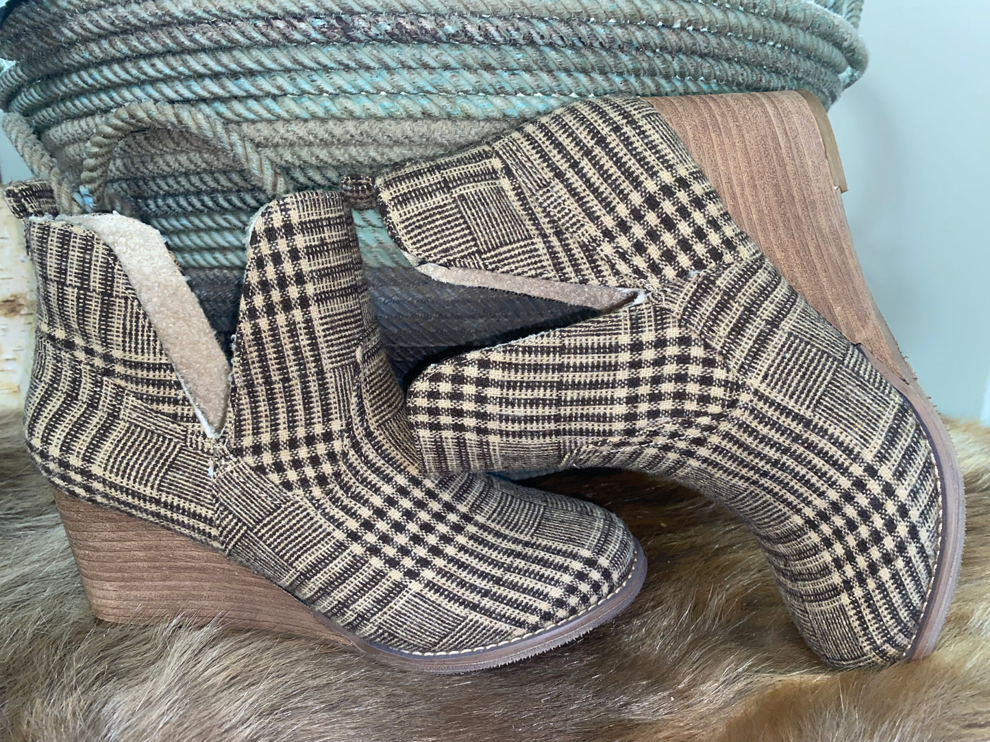 Tan check Wedge booties