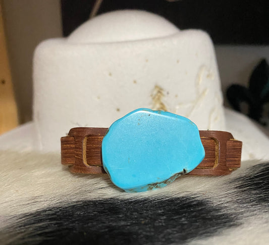 Blue Turquoise Slab on Narrow Leather Cuff 005W