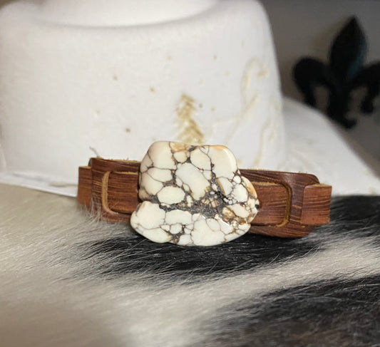 White Turquoise Chunk on Narrow Leather Cuff 005Y