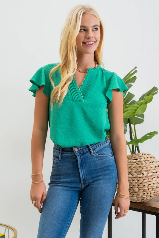 LACE EDGE SPLIT NECKLINE WOVEN TOP: KELLY GREEN