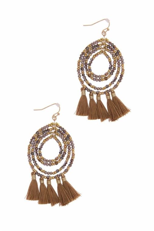 Varkala Beaded Tassel Earring - Brown